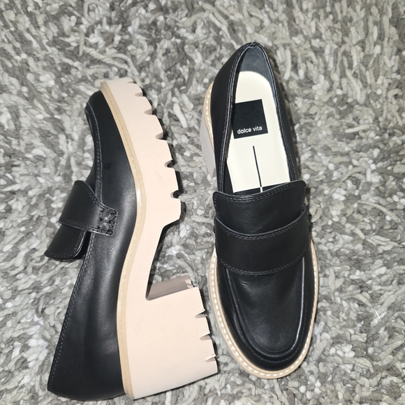 Dolce Vita Black Leather Loafers with Cream Lug Platform - Picture 2 of 5